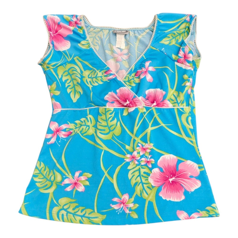 RAVE 90's Y2k Babydoll Top Medium Blue Tropical Floral V Neck Vintage Preppy USA